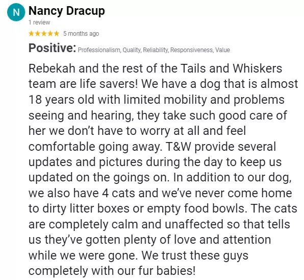 Nancy Dracup's review of Tails N Whiskers Pet Services